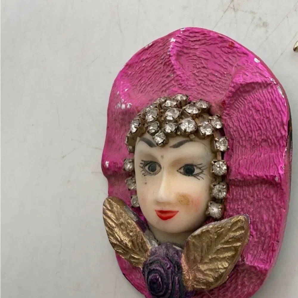 Vintage Hand Painted Art Deco Flapper victorian Lady Face Brooch Pin